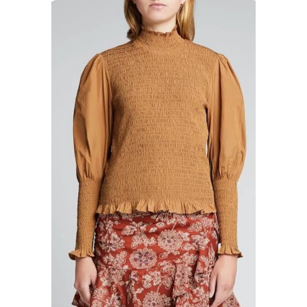 Veronica Beard Elsmere Camel Smocked Blouse Romantic Puff Sleeve Designer Size 4